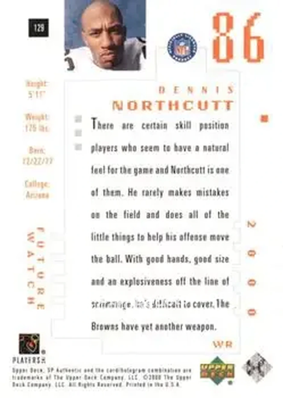 2000 SP Authentic #129 - Dennis Northcutt - Cleveland Browns - Back