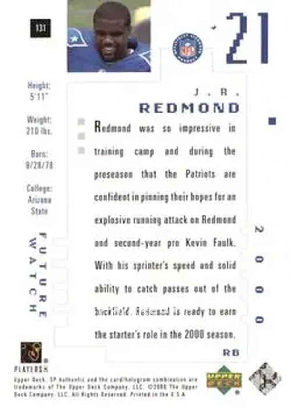 2000 SP Authentic #131 - J.R. Redmond - New England Patriots - Back 2000 SP Authentic #131 - J.R. Redmond - New England Patriots - Back