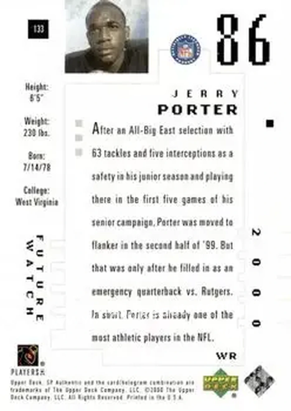 2000 SP Authentic #133 - Jerry Porter - Oakland Raiders - Back 2000 SP Authentic #133 - Jerry Porter - Oakland Raiders - Back
