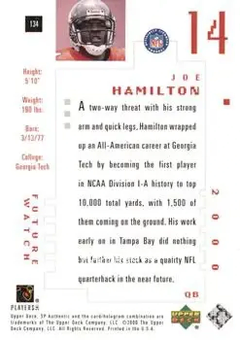 2000 SP Authentic #134 - Joe Hamilton - Tampa Bay Buccaneers - Back