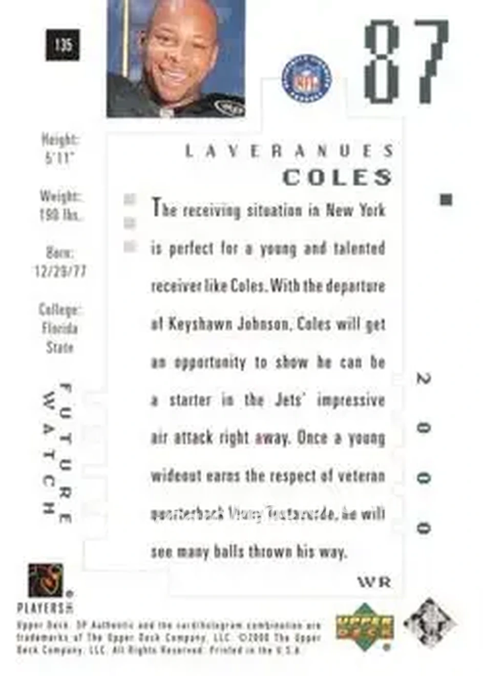 2000 SP Authentic #135 - Laveranues Coles - New York Jets - Back