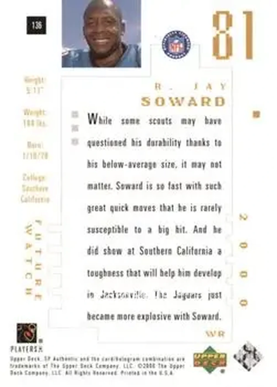 2000 SP Authentic #136 - R.Jay Soward - Jacksonville Jaguars - Back