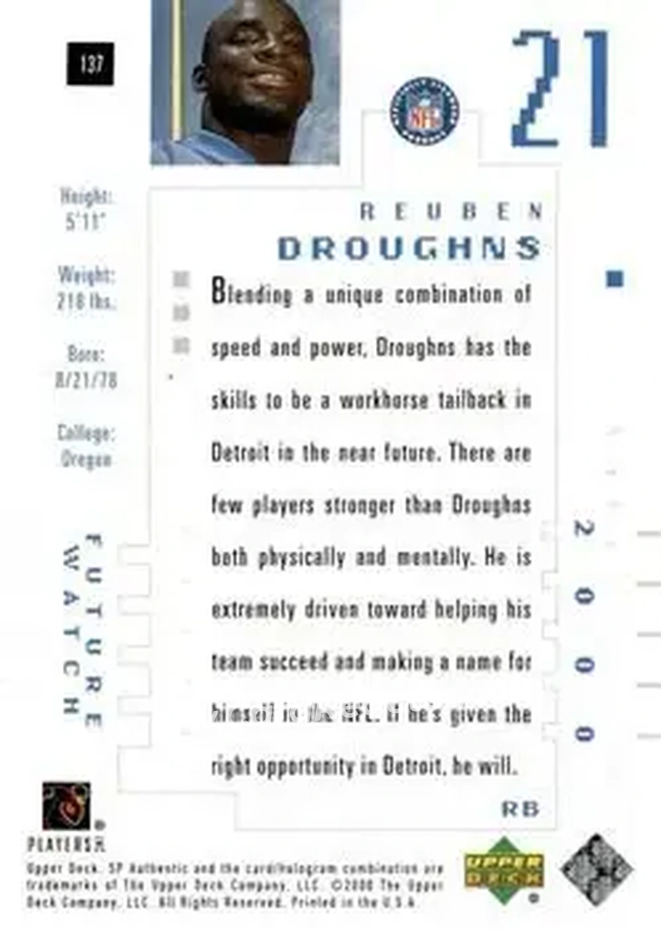 2000 SP Authentic #137 - Reuben Droughns - Detroit Lions - Back
