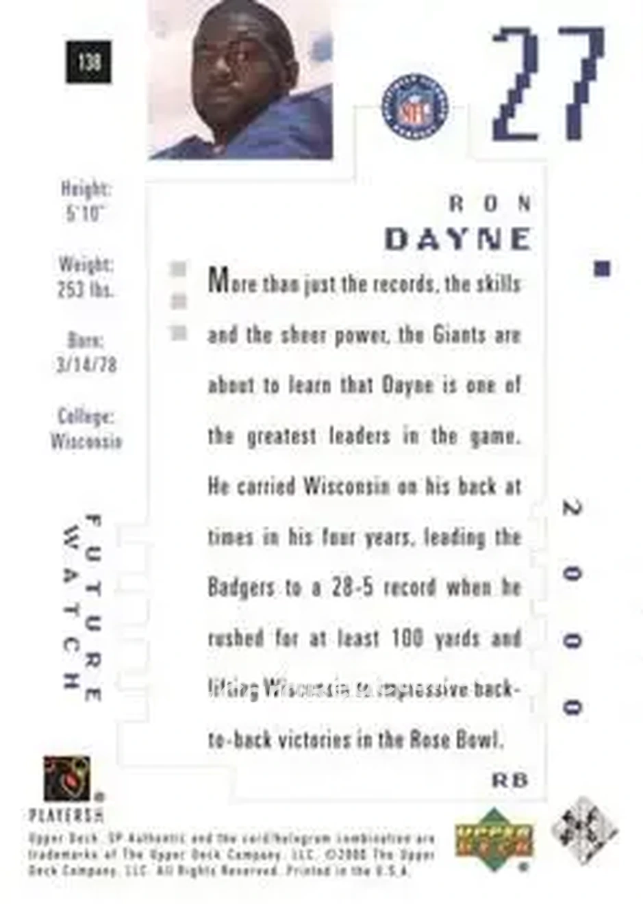 2000 SP Authentic #138 - Ron Dayne - New York Giants - Back