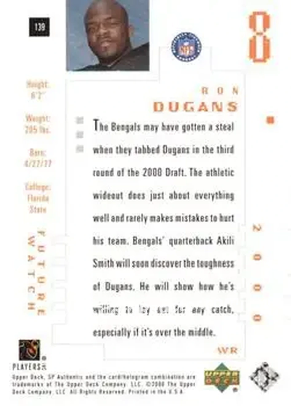 2000 SP Authentic #139 - Ron Dugans - Cincinnati Bengals - Back
