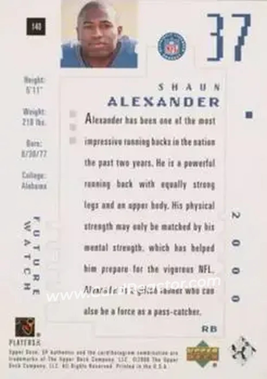 2000 SP Authentic #140 - Shaun Alexander - Seattle Seahawks - Back