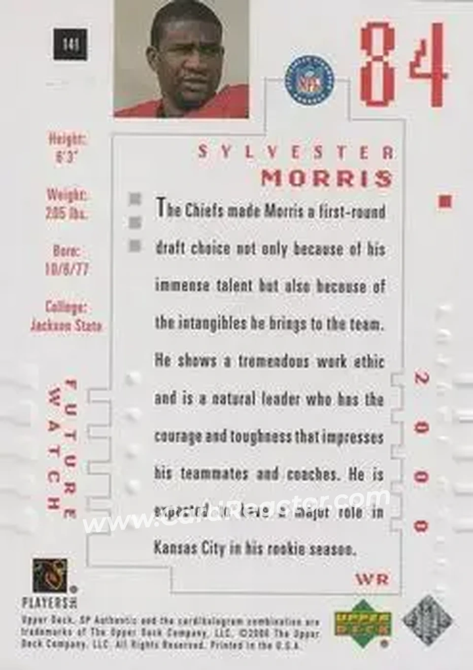 2000 SP Authentic #141 - Sylvester Morris - Kansas City Chiefs - Back