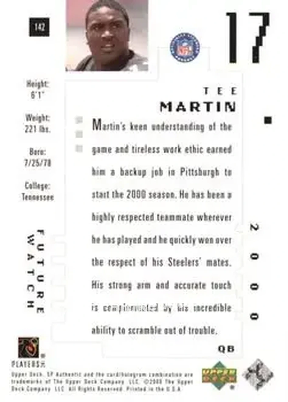 2000 SP Authentic #142 - Tee Martin - Pittsburgh Steelers - Back