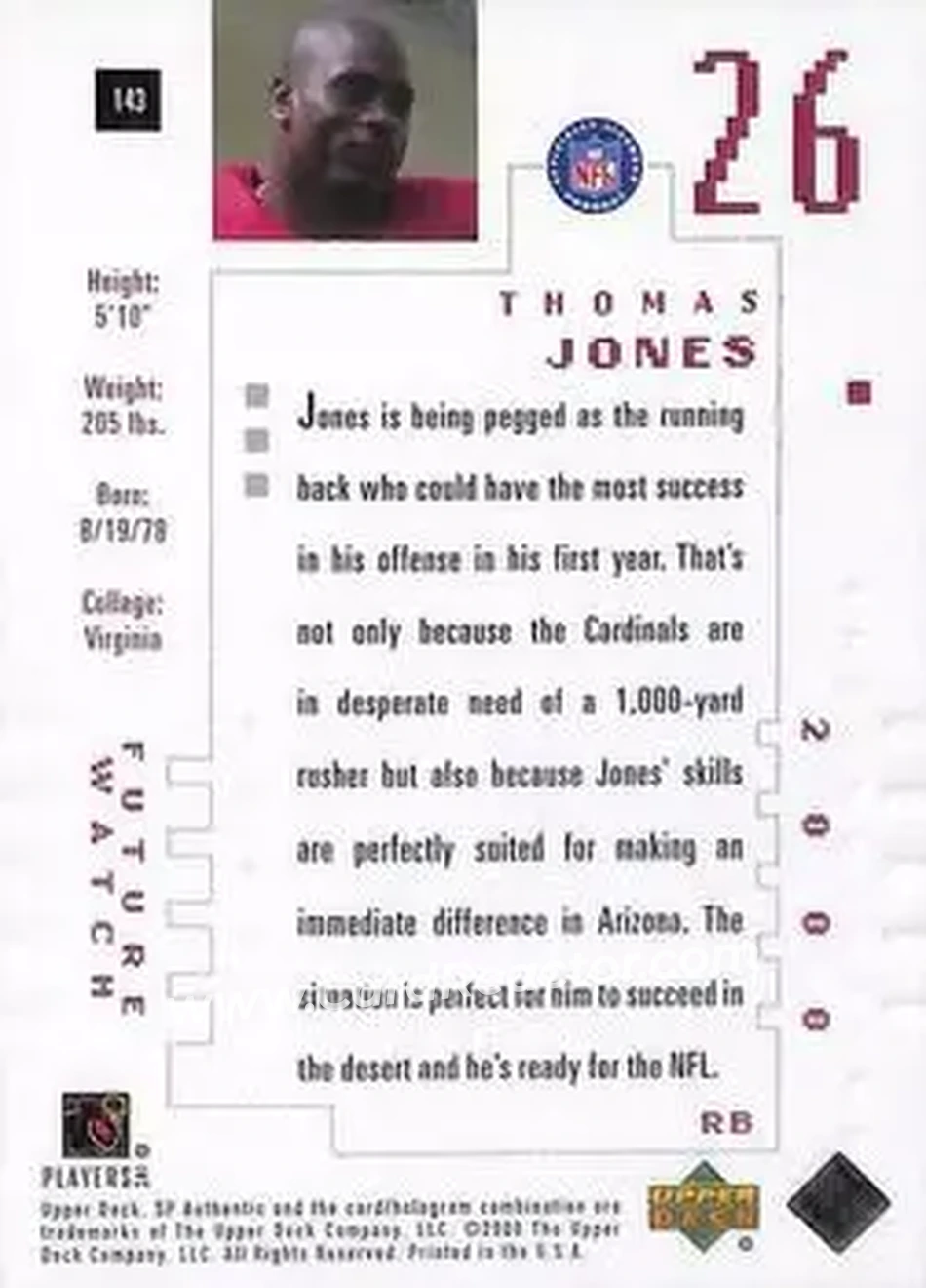 2000 SP Authentic #143 - Thomas Jones - Arizona Cardinals - Back