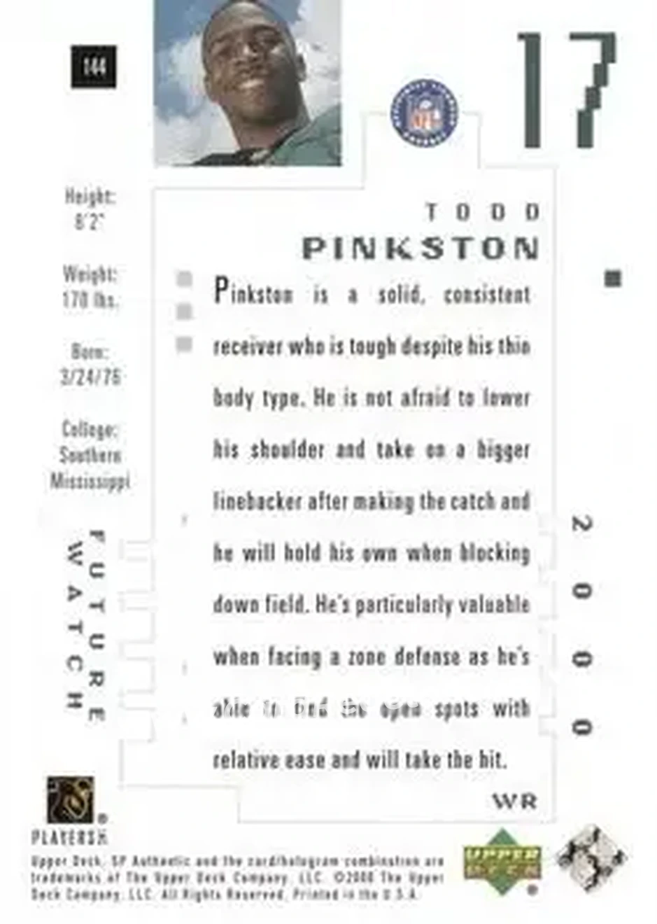 2000 SP Authentic #144 - Todd Pinkston - Philadelphia Eagles - Back
