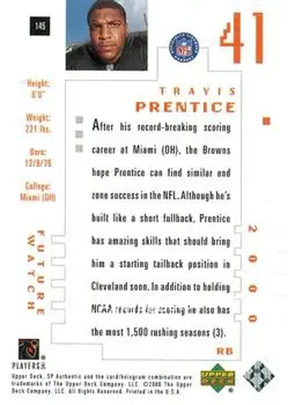 2000 SP Authentic #145 - Travis Prentice - Cleveland Browns - Back