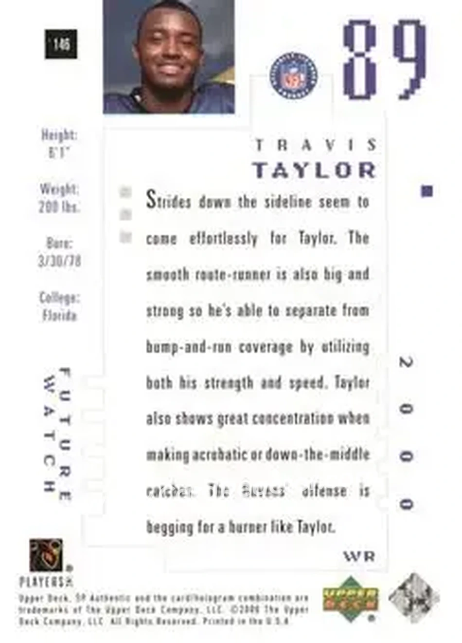 2000 SP Authentic #146 - Travis Taylor - Baltimore Ravens - Back
