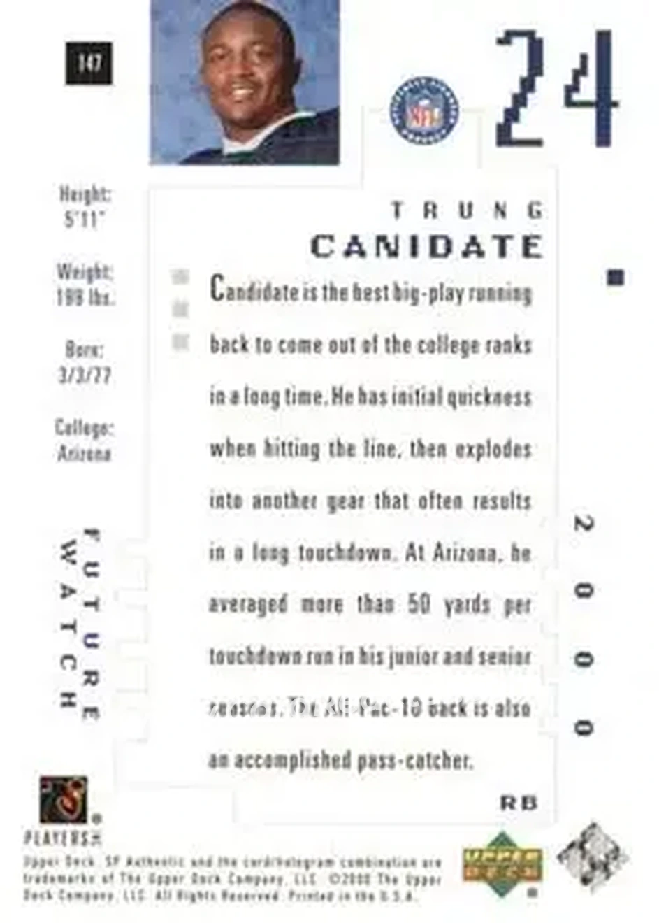 2000 SP Authentic #147 - Trung Canidate - St. Louis Rams - Back 2000 SP Authentic #147 - Trung Canidate - St. Louis Rams - Back