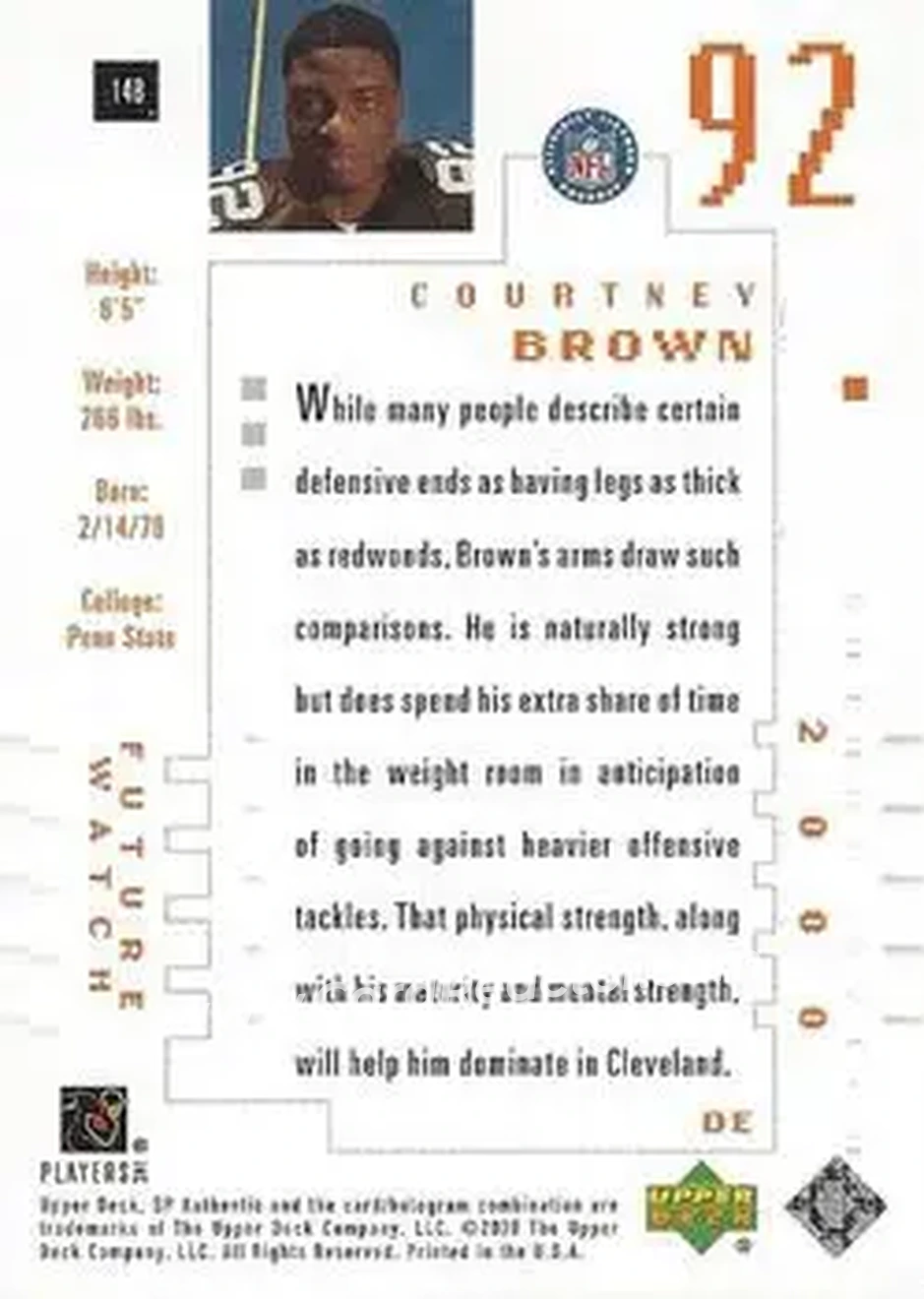 2000 SP Authentic #148 - Courtney Brown - Cleveland Browns - Back