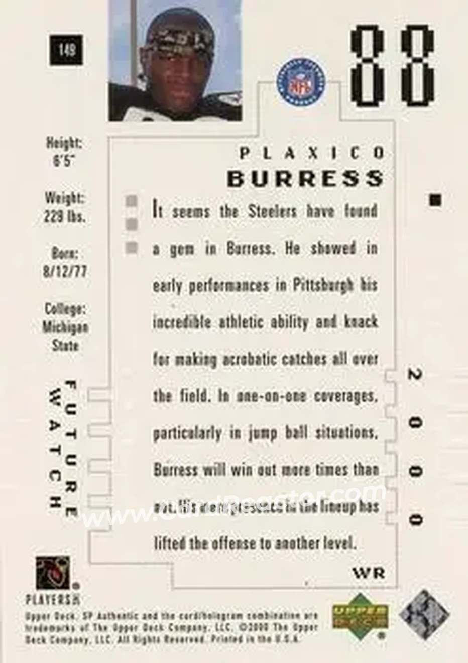 2000 SP Authentic #149 - Plaxico Burress - Pittsburgh Steelers - Back