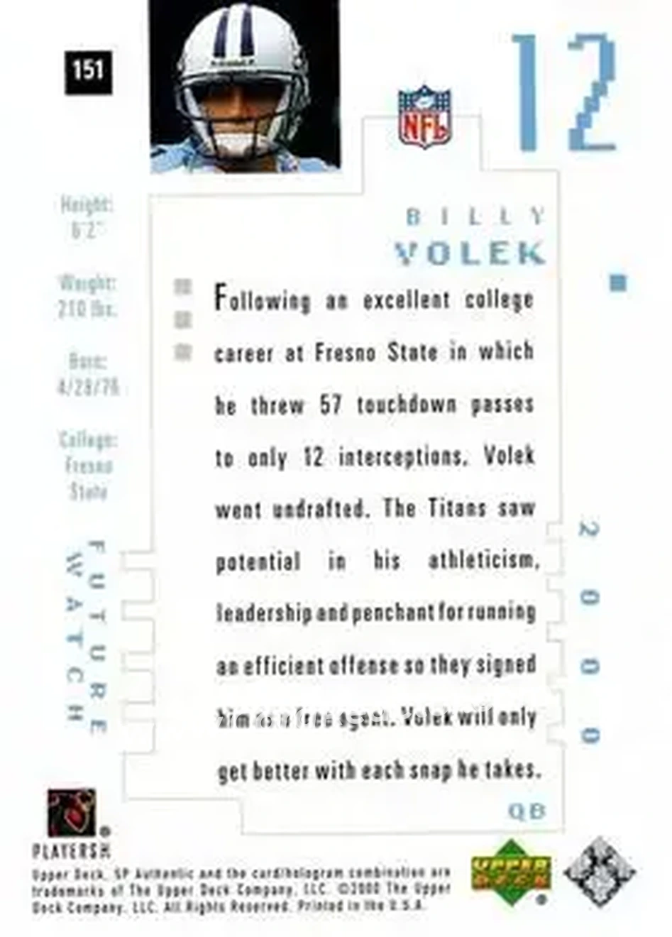 2000 SP Authentic #151 - Billy Volek - Tennessee Titans - Back