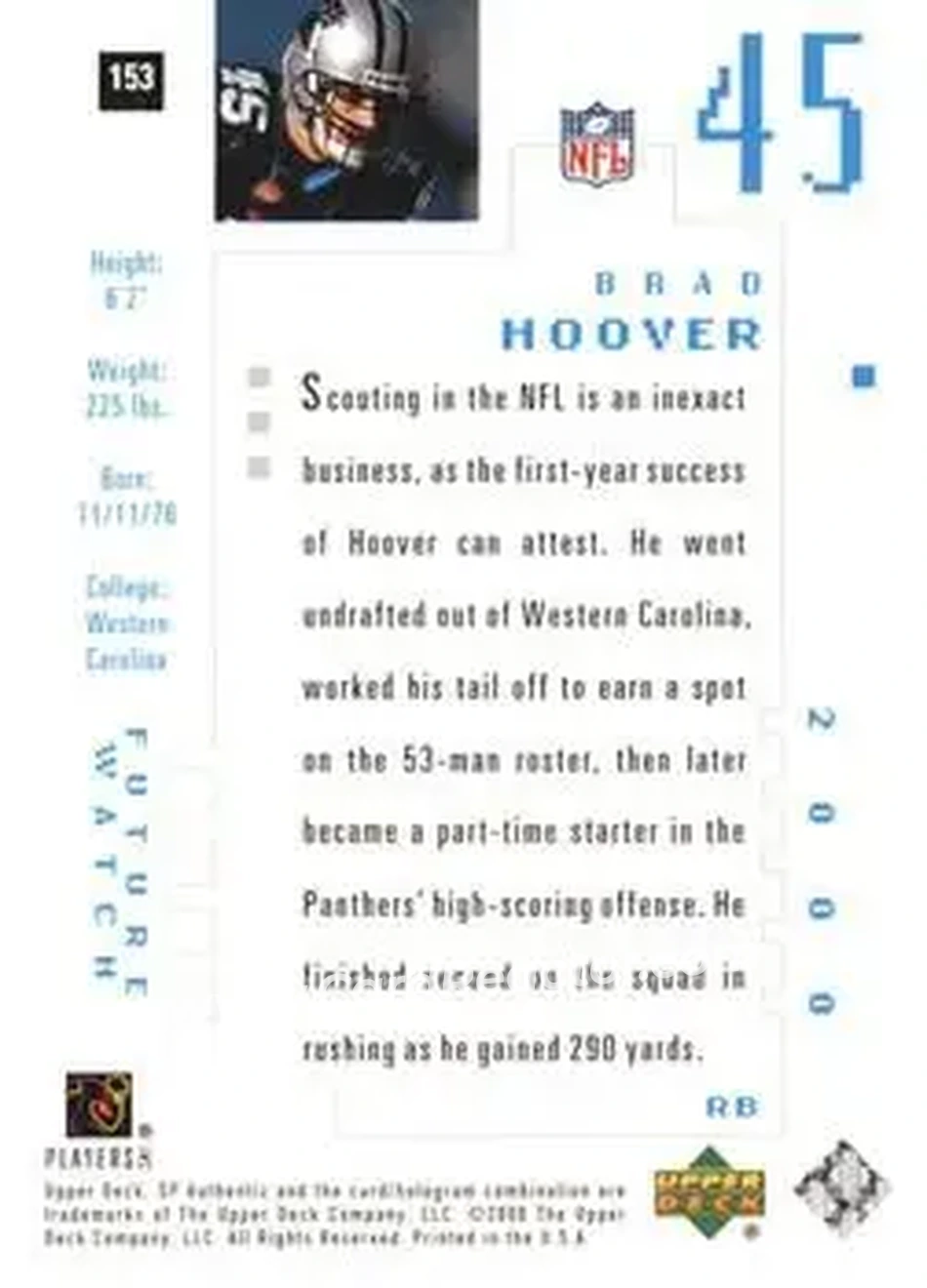 2000 SP Authentic #153 - Brad Hoover - Carolina Panthers - Back