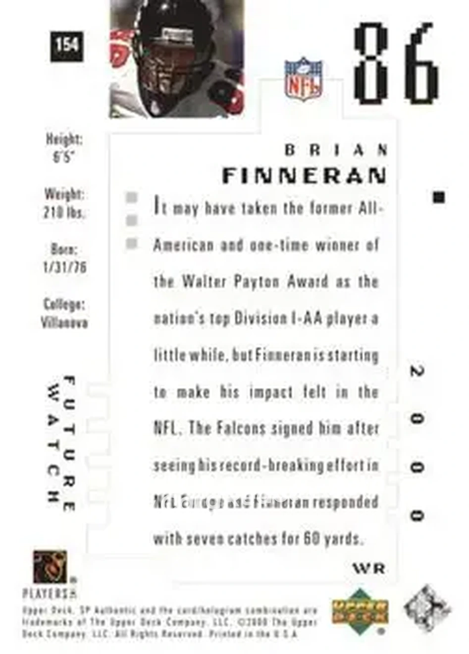2000 SP Authentic #154 - Brian Finneran - Atlanta Falcons - Back