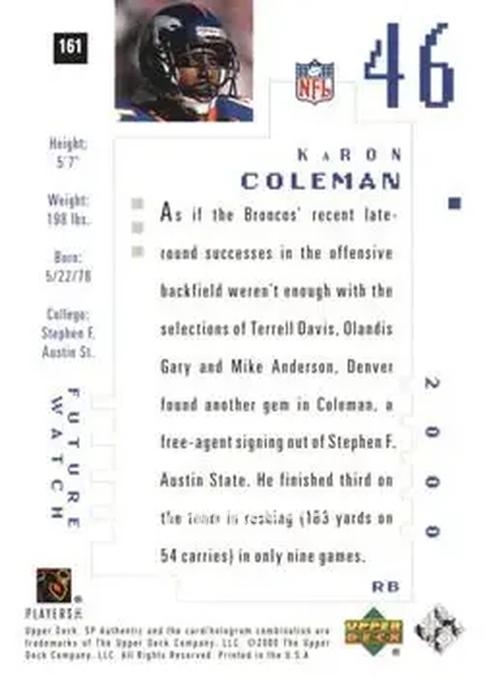 2000 SP Authentic #161 - KaRon Coleman - Denver Broncos - Back