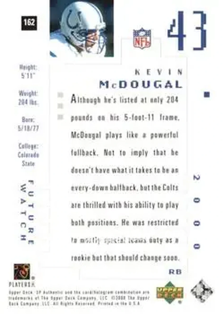 2000 SP Authentic #162 - Kevin McDougal - Indianapolis Colts - Back