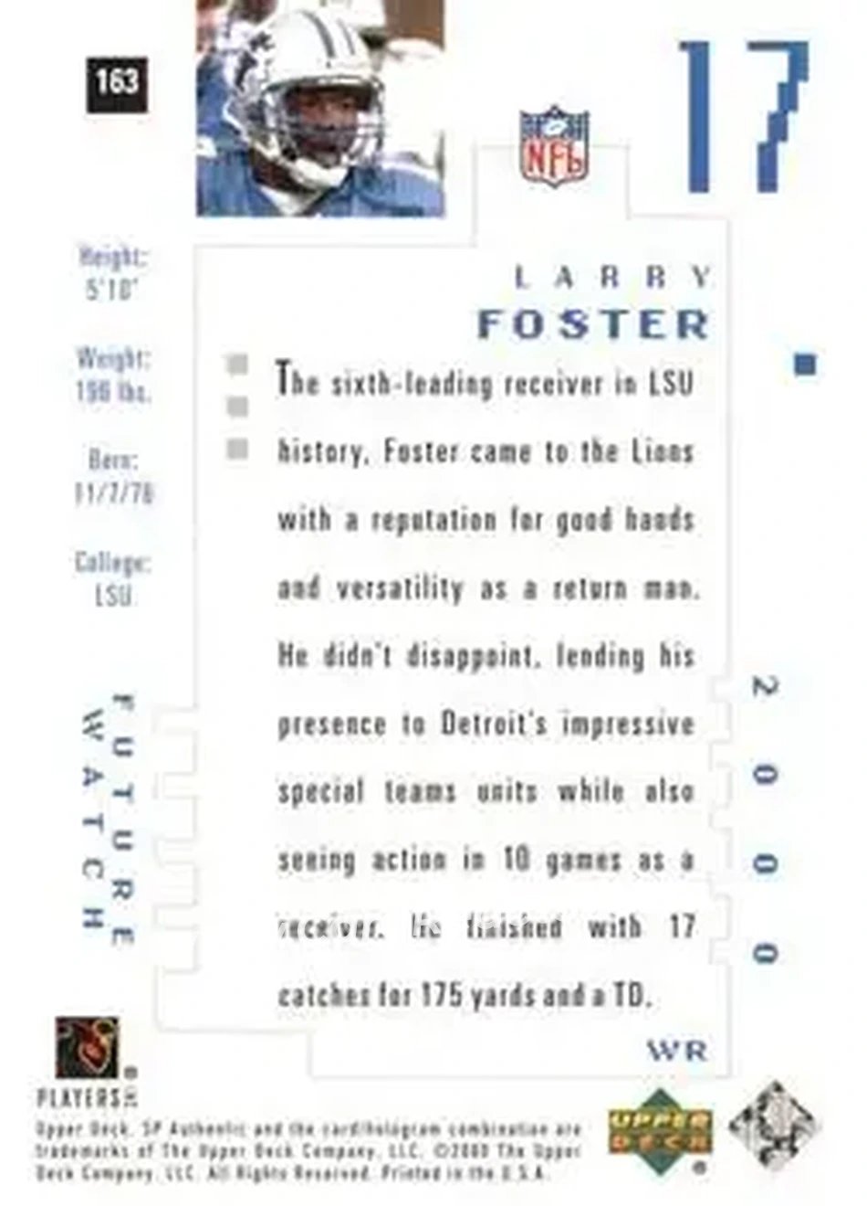 2000 SP Authentic #163 - Larry Foster - Detroit Lions - Back 2000 SP Authentic #163 - Larry Foster - Detroit Lions - Back