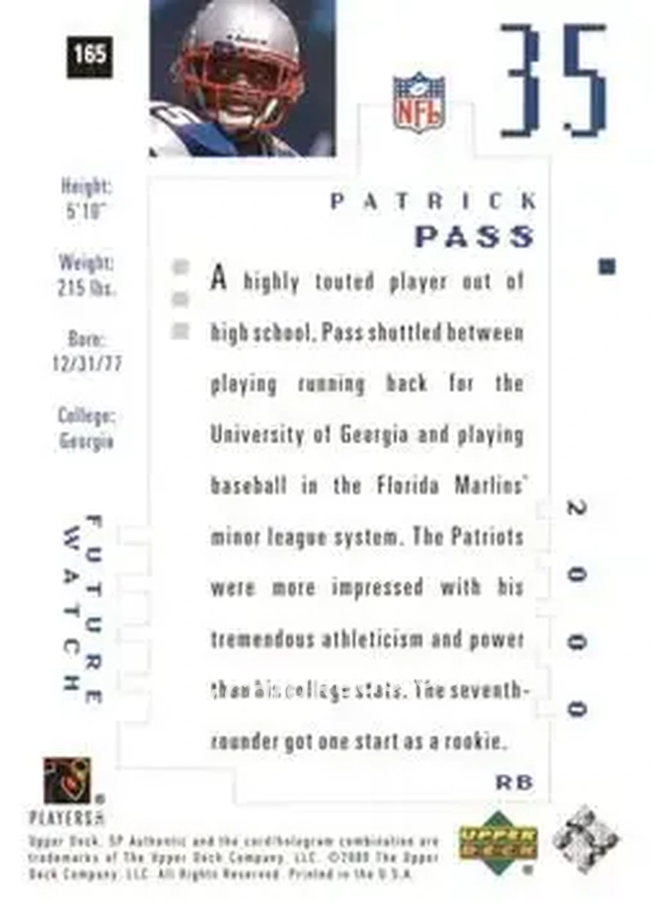 2000 SP Authentic #165 - Patrick Pass - New England Patriots - Back
