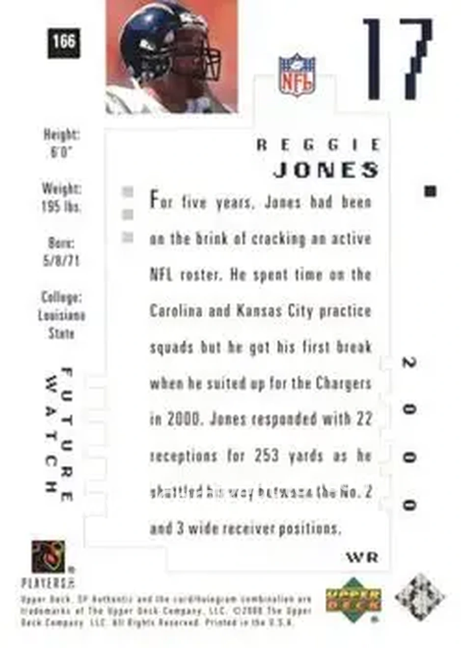 2000 SP Authentic #166 - Reggie Jones - San Diego Chargers - Back