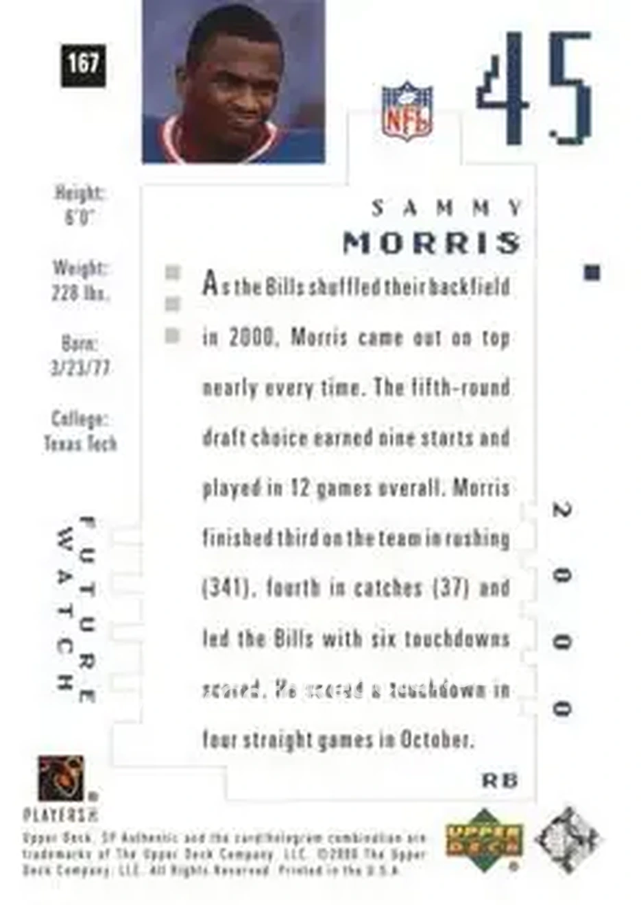 2000 SP Authentic #167 - Sammy Morris - Buffalo Bills - Back