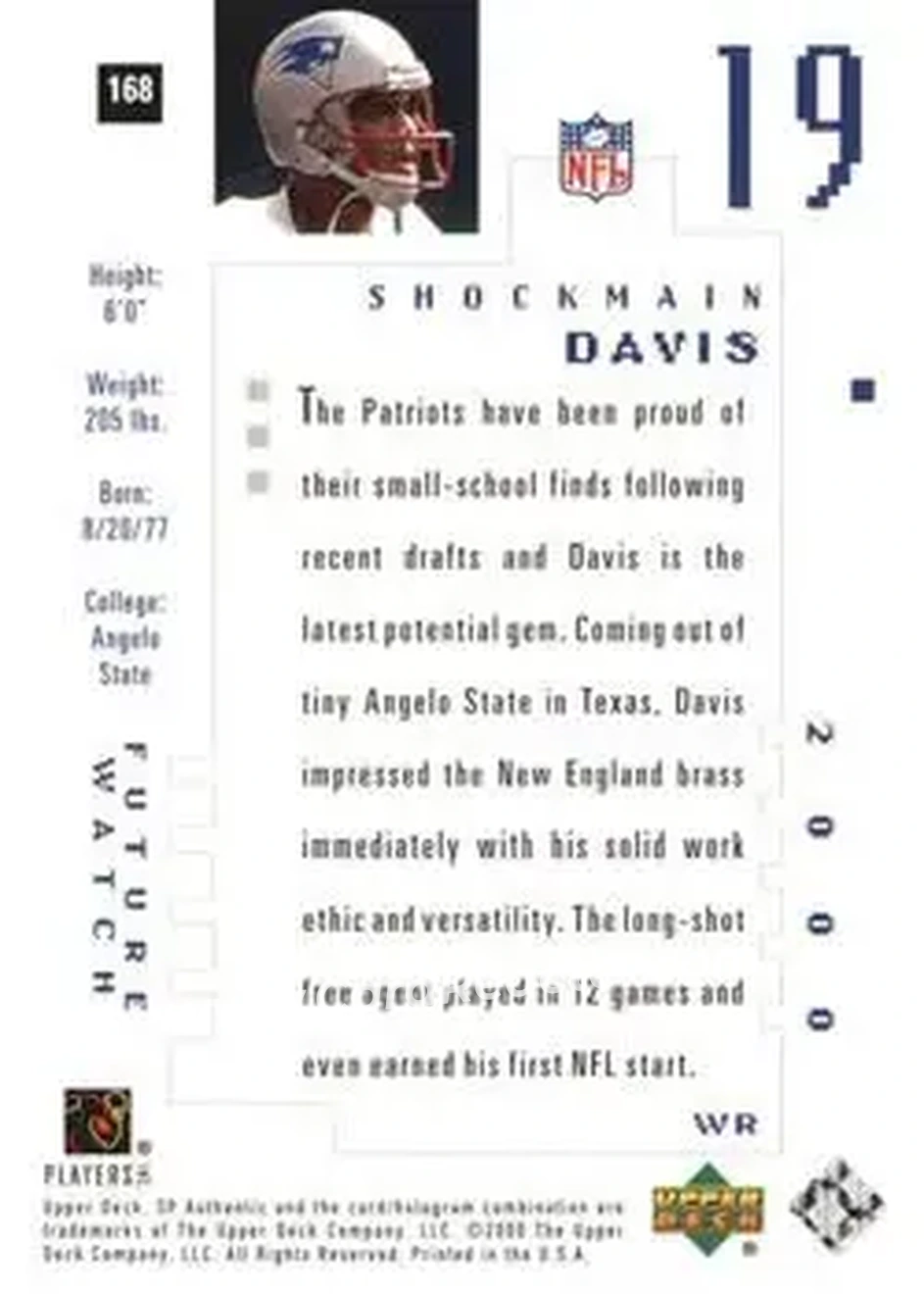 2000 SP Authentic #168 - Shockmain Davis - New England Patriots - Back