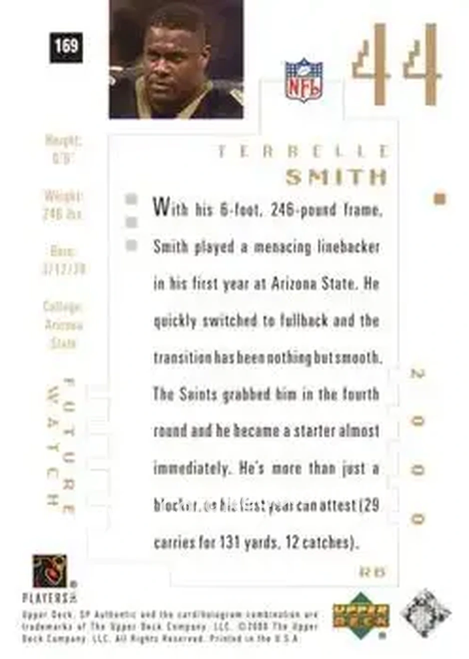 2000 SP Authentic #169 - Terrelle Smith - New Orleans Saints - Back