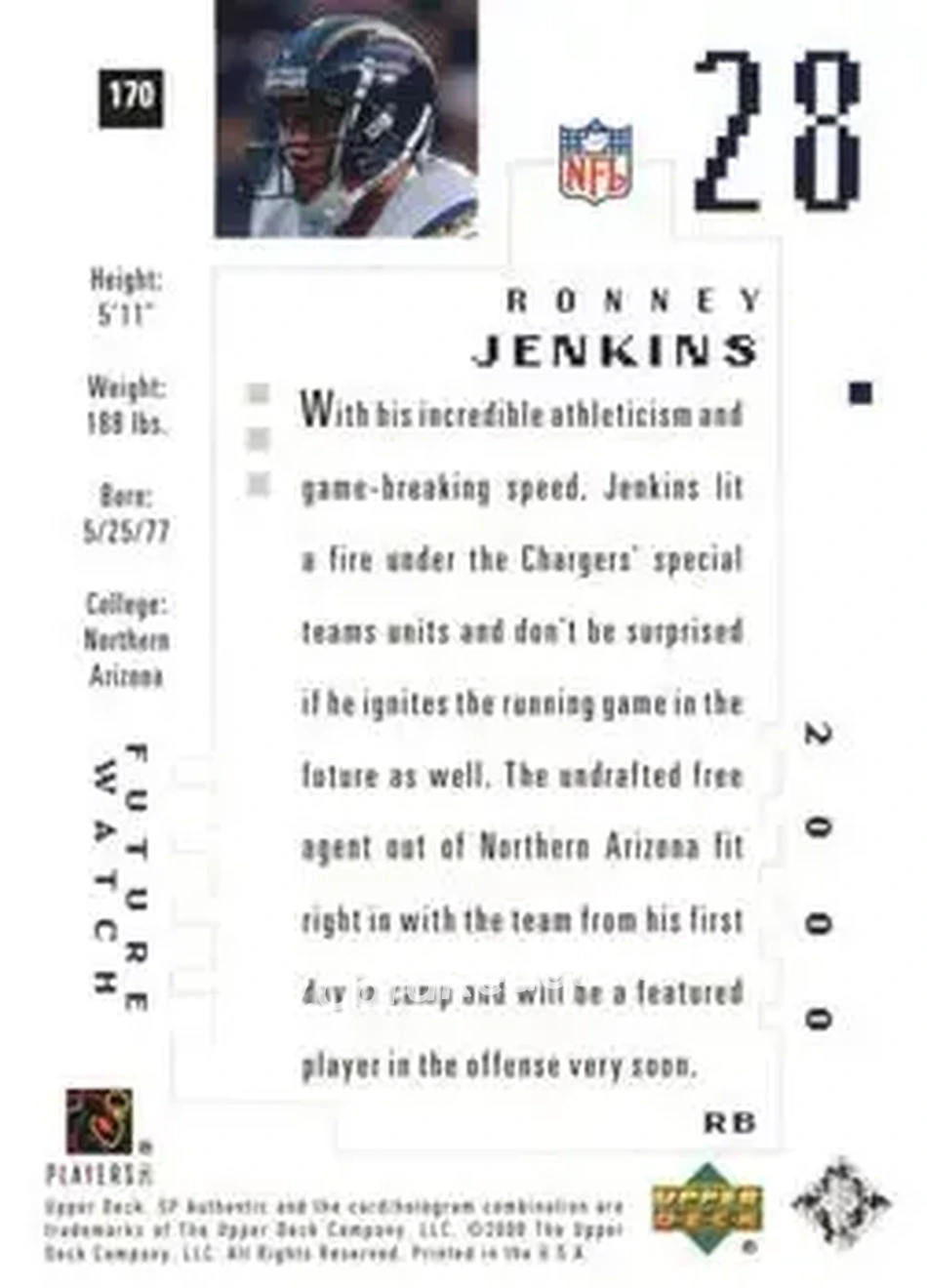 2000 SP Authentic #170 - Ronney Jenkins - San Diego Chargers - Back 2000 SP Authentic #170 - Ronney Jenkins - San Diego Chargers - Back