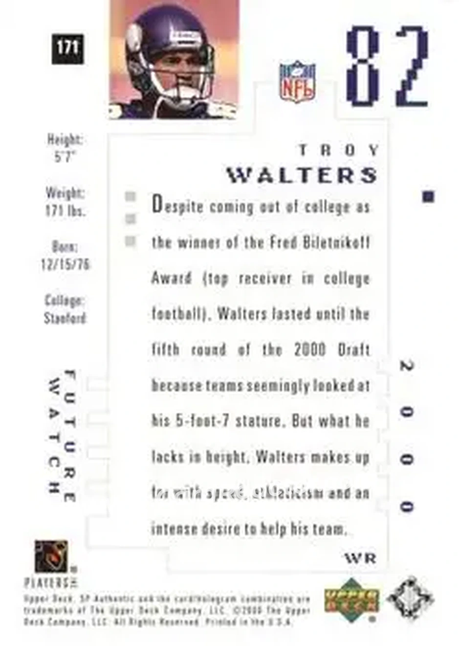 2000 SP Authentic #171 - Troy Walters - Minnesota Vikings - Back