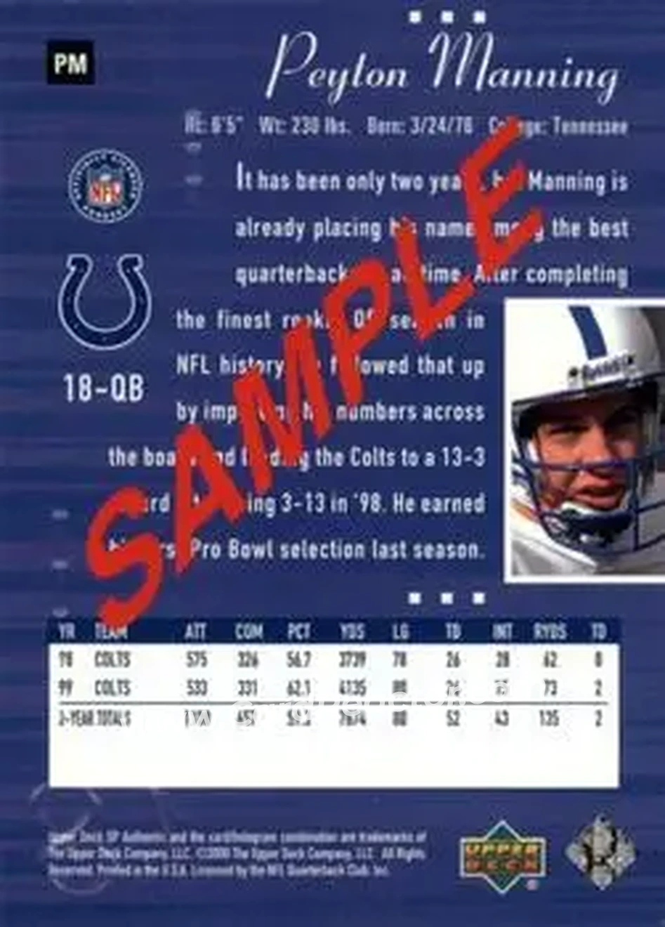 2000 SP Authentic #PM - Peyton Manning - Indianapolis Colts - Back