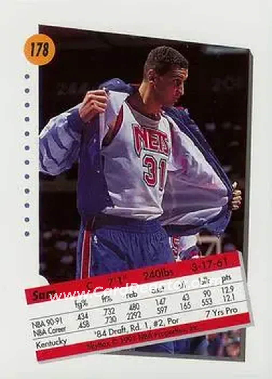 1991-92 SkyBox #178 - Sam Bowie - New Jersey Nets - Back