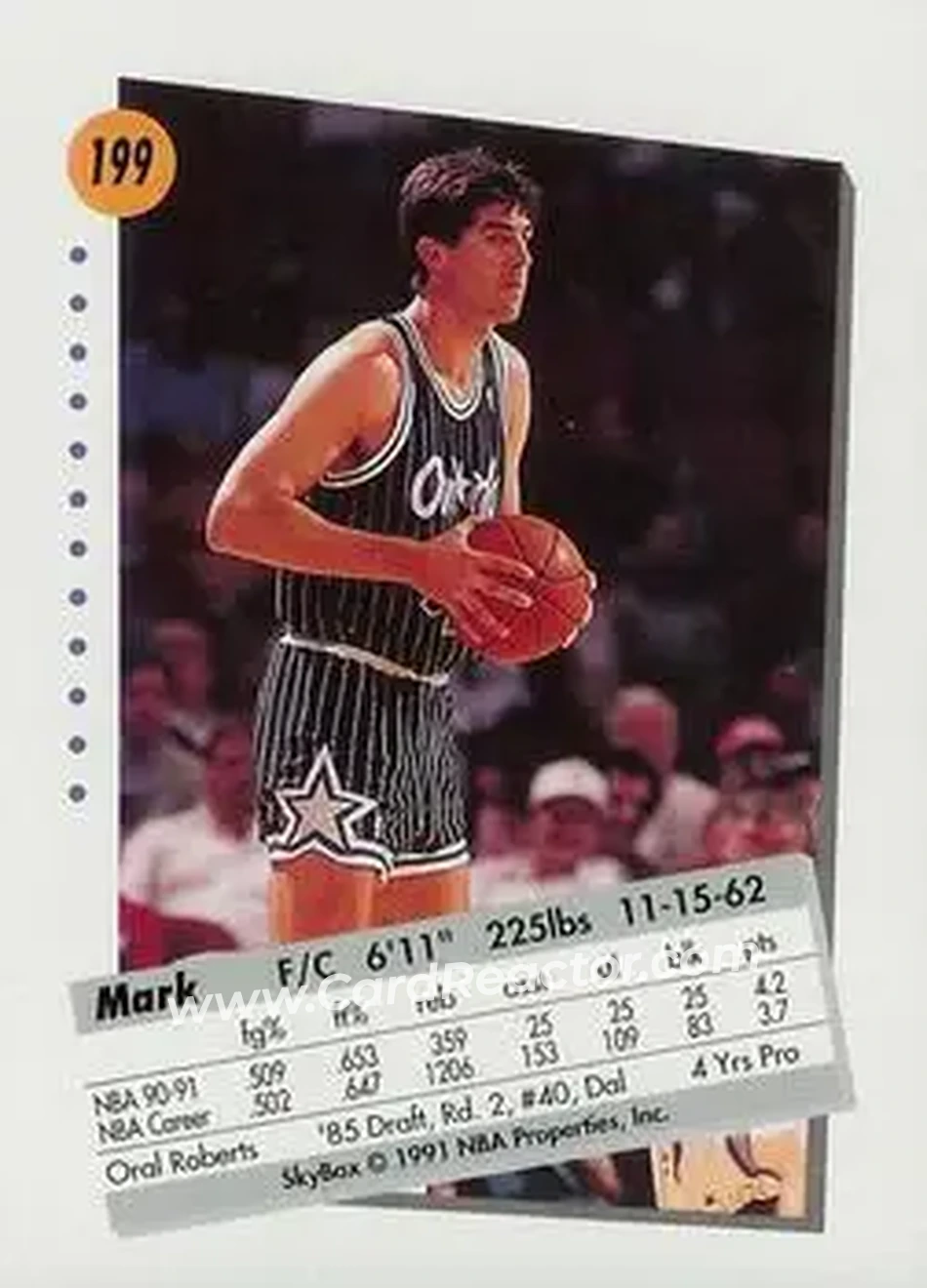 1991-92 SkyBox #199 - Mark Acres - Orlando Magic - Back