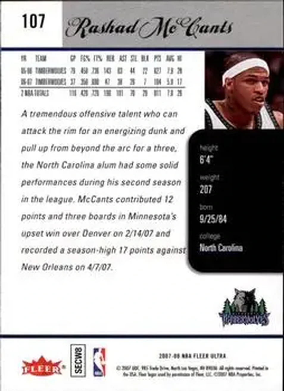 2007-08 Ultra #107 - Rashad McCants - Minnesota Timberwolves - Back