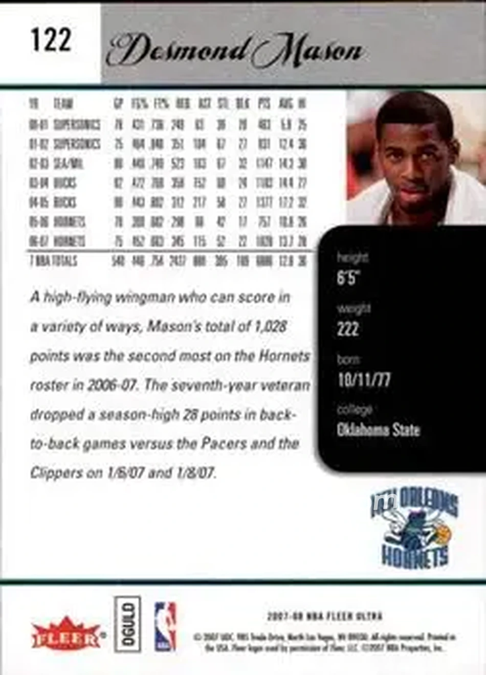 2007-08 Ultra #122 - Desmond Mason - New Orleans Hornets - Back