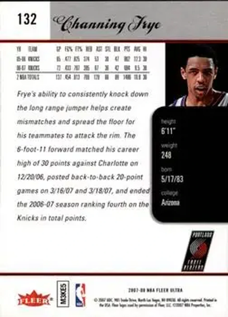 2007-08 Ultra #132 - Channing Frye - Portland Trail Blazers - Back 2007-08 Ultra #132 - Channing Frye - Portland Trail Blazers - Back