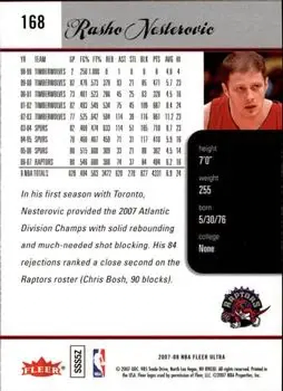 2007-08 Ultra #168 - Rasho Nesterović - Toronto Raptors - Back