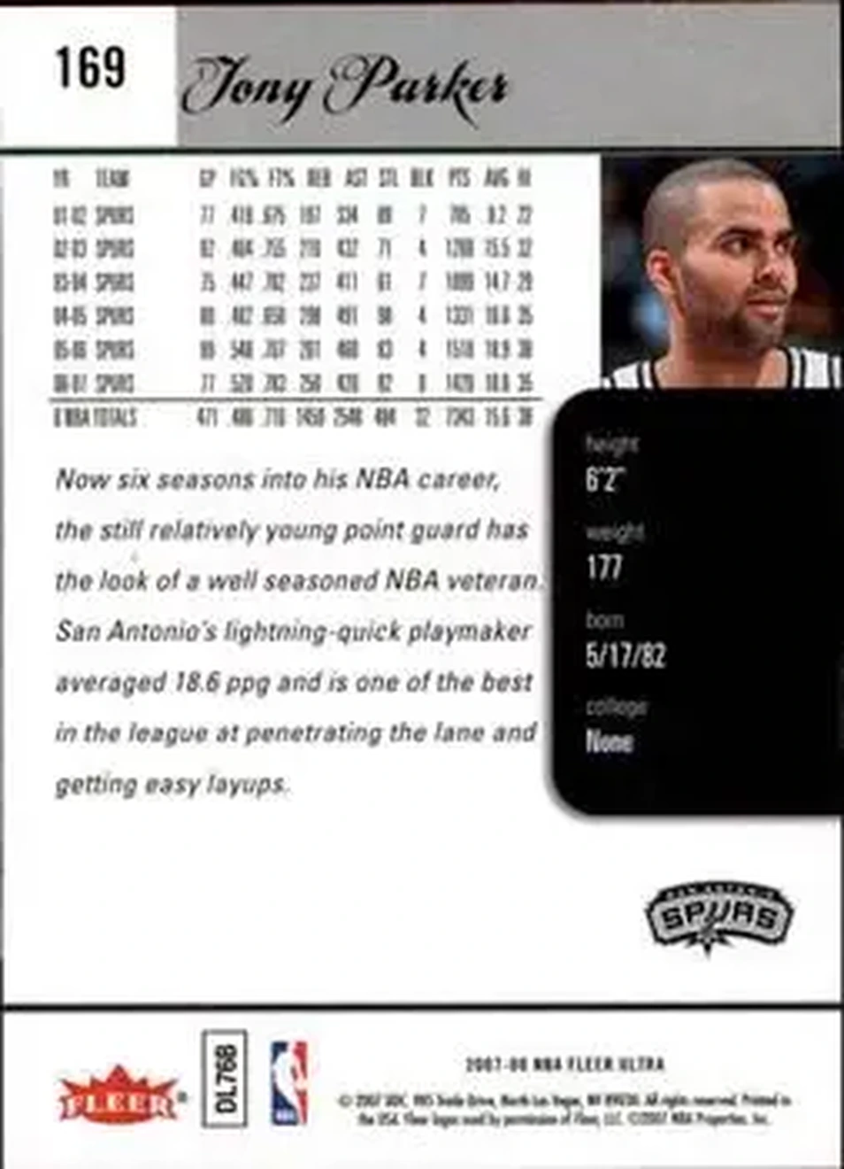2007-08 Ultra #169 - Tony Parker - San Antonio Spurs - Back