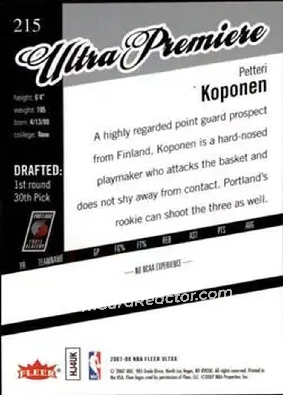 2007-08 Ultra #215 - Petteri Koponen - Portland Trail Blazers - Back