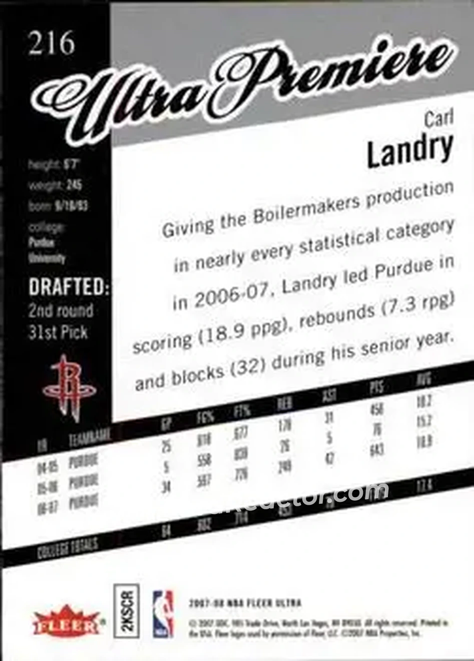 2007-08 Ultra #216 - Carl Landry - Houston Rockets - Back