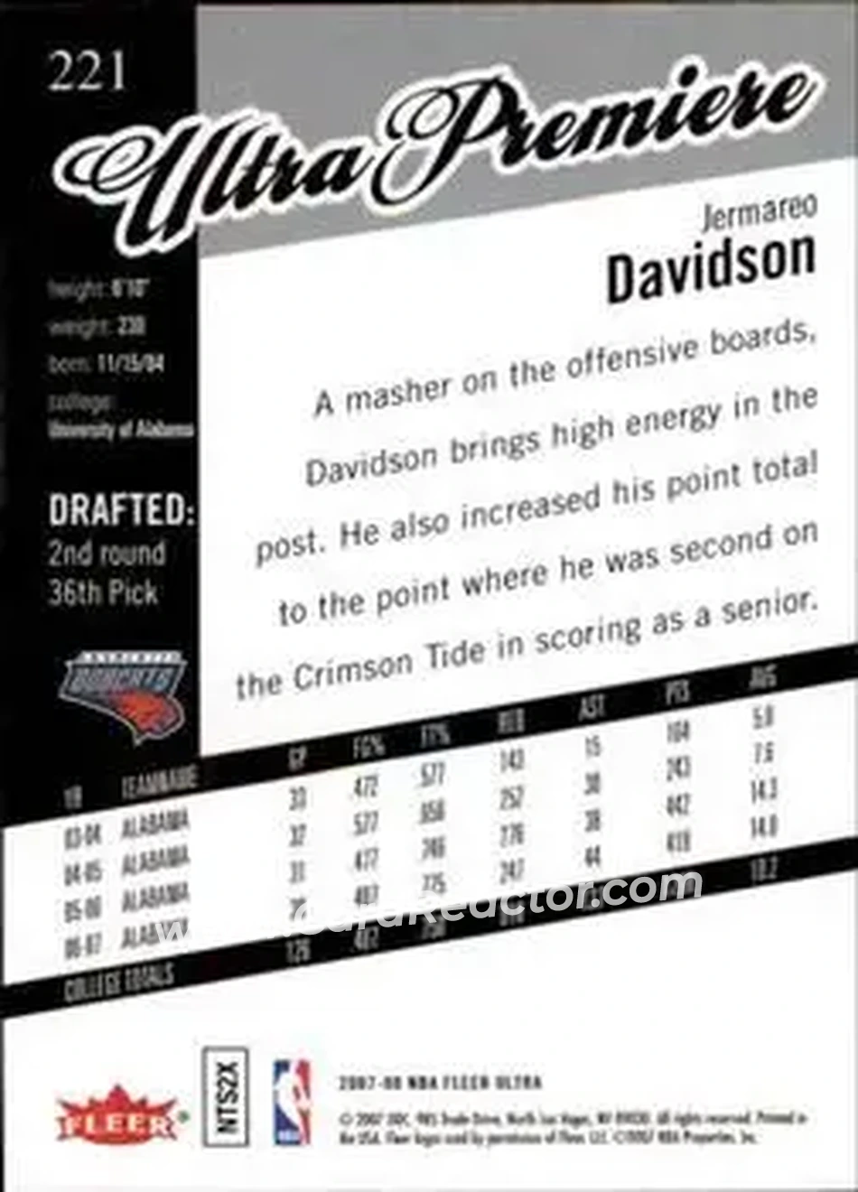 2007-08 Ultra #221 - Jermareo Davidson - Charlotte Bobcats - Back 2007-08 Ultra #221 - Jermareo Davidson - Charlotte Bobcats - Back