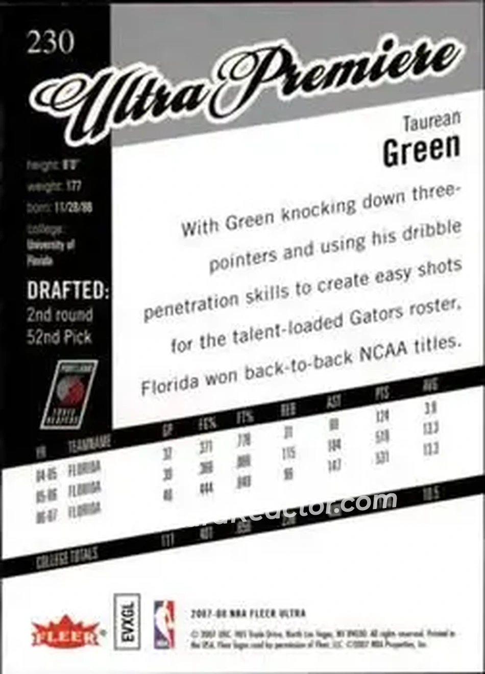 2007-08 Ultra #230 - Taurean Green - Portland Trail Blazers - Back