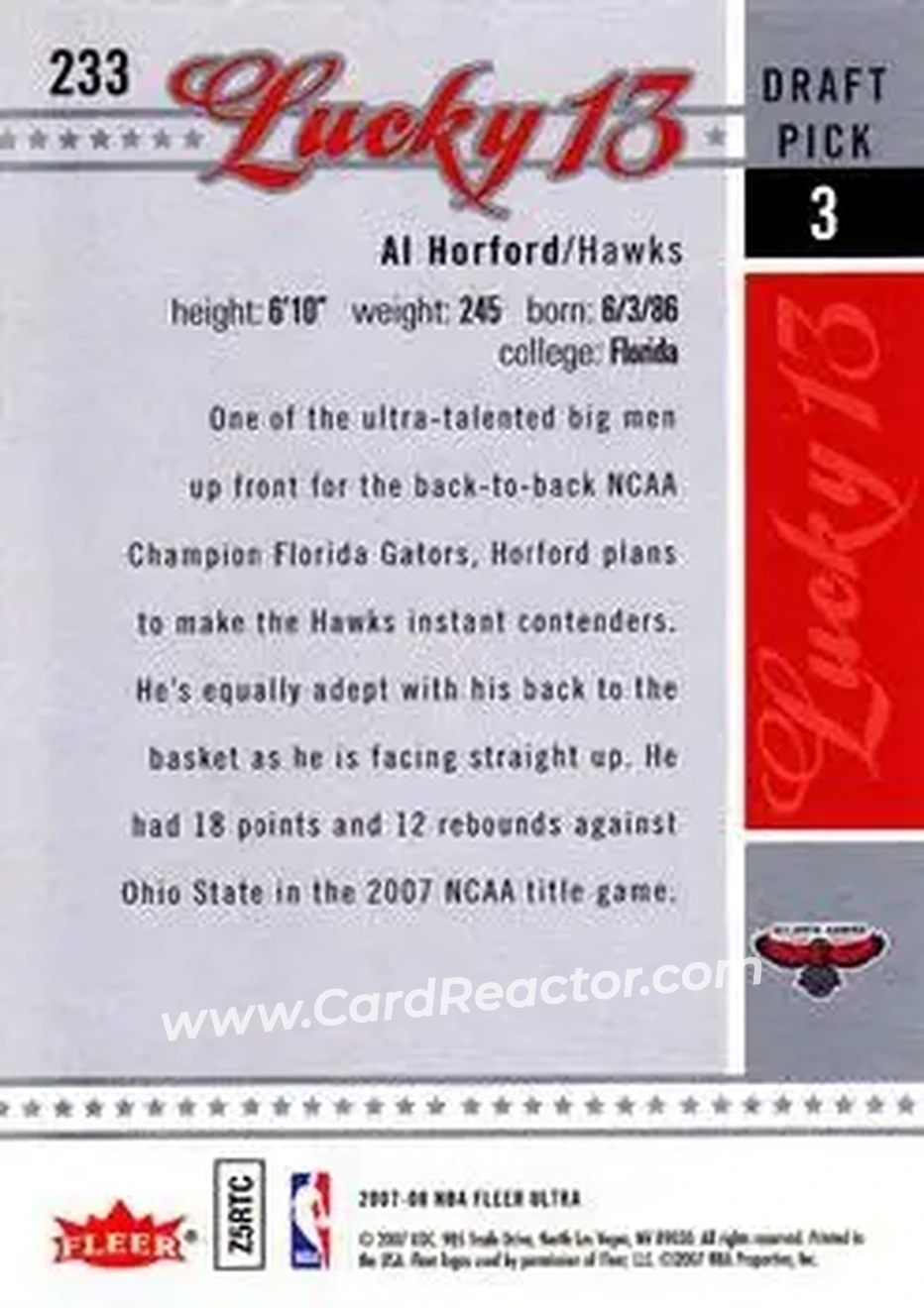 2007-08 Ultra #233 - Al Horford - Atlanta Hawks - Back