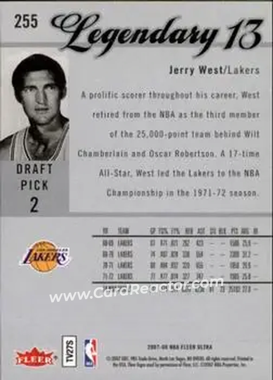 2007-08 Ultra #255 - Jerry West - Los Angeles Lakers - Back 2007-08 Ultra #255 - Jerry West - Los Angeles Lakers - Back
