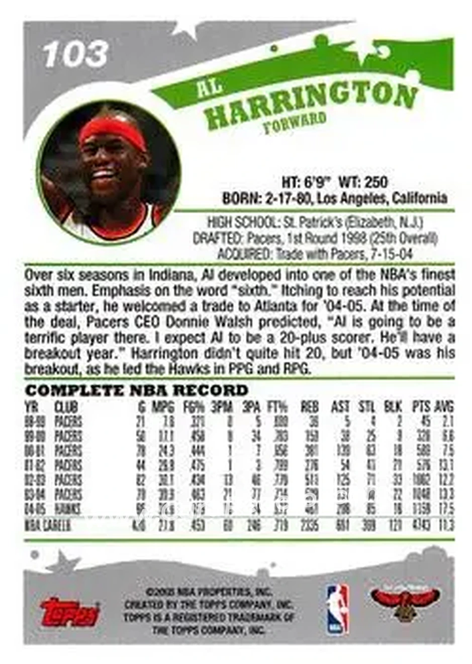 2005-06 Topps #103 - Al Harrington - Atlanta Hawks - Back