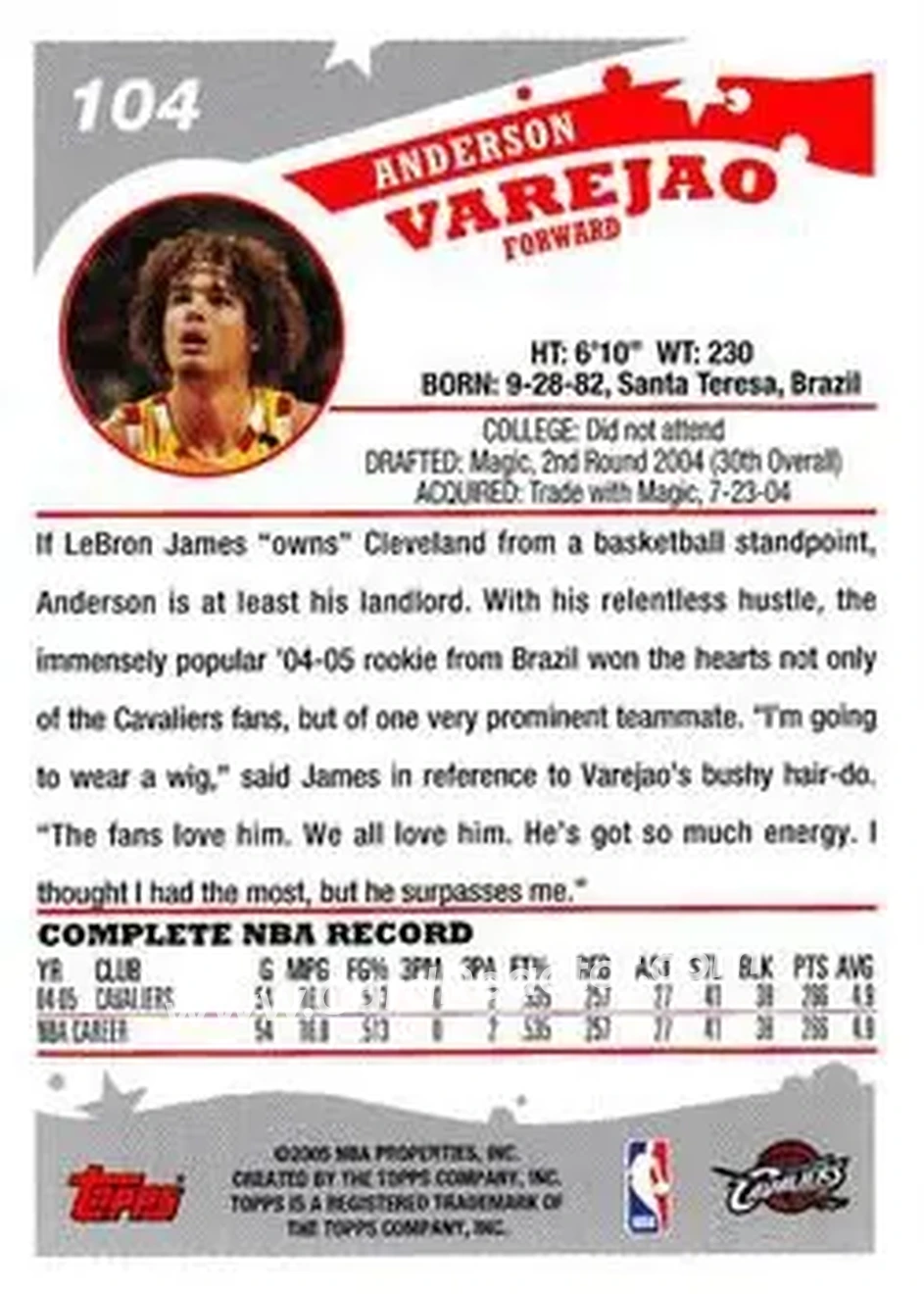2005-06 Topps #104 - Anderson Varejão - Cleveland Cavaliers - Back