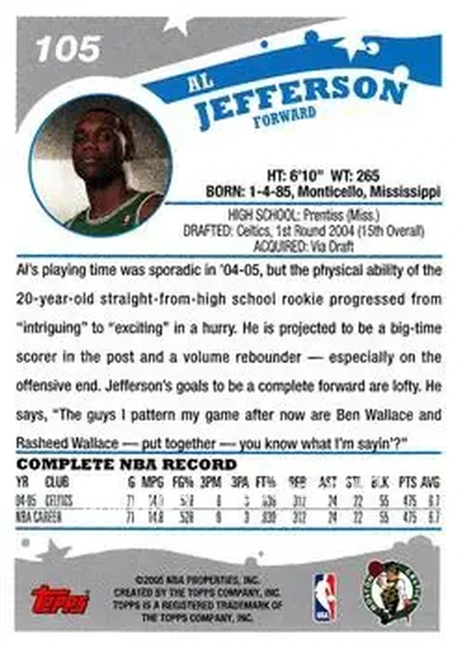 2005-06 Topps #105 - Al Jefferson - Boston Celtics - Back