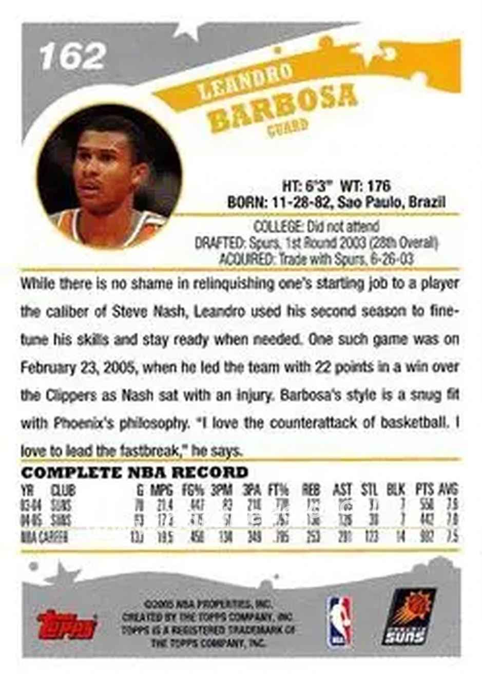 2005-06 Topps #162 - Leandro Barbosa - Phoenix Suns - Back 2005-06 Topps #162 - Leandro Barbosa - Phoenix Suns - Back